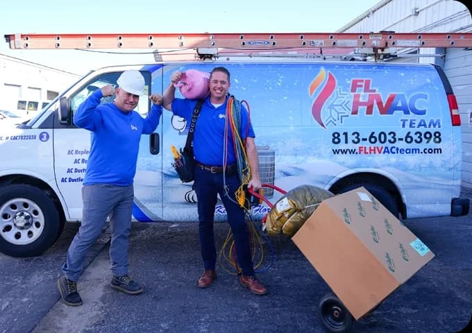 FL HVAC Team technicians with their service van in Tampa Bay